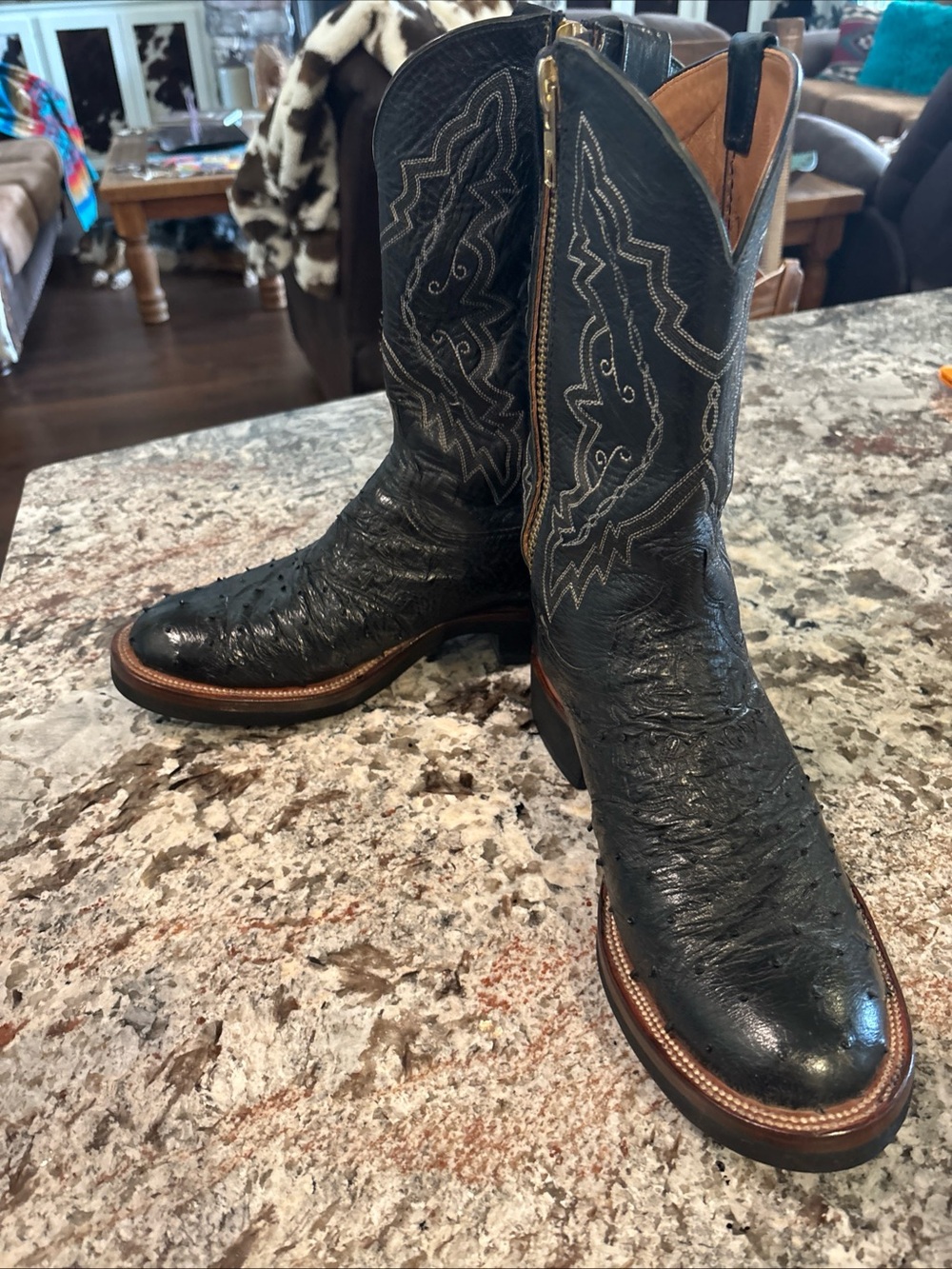 Lucchese Black Leather Western Boots with Decorative Stitching Sz 11D